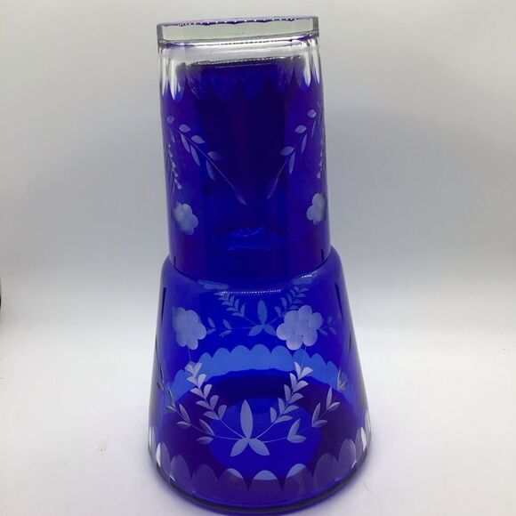 Czech Cobalt Glass Cut to Clear Bedside Carafe - Picture 1 of 8